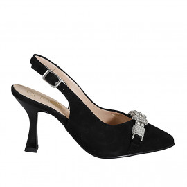 Chaussure ouverte à l'arrière et à bout pointu pour femmes en daim noir et accesoire talon 8 - Pointures disponibles:  32, 33, 34, 35, 42, 43, 45, 46