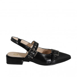 Chaussure ouverte au talon à bout pointu pour femmes avec elastique et boucles en cuir verni noir talon 3 - Pointures disponibles:  32, 33, 34, 35, 44, 46