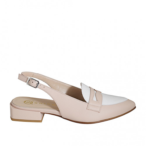 Zapato destalonado con empeine alto para mujer en piel rosada claro y blanca tacon 3 - Tallas disponibles:  33, 34, 35, 42, 43, 44, 45, 46