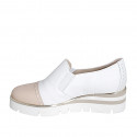 Woman's highfronted shoe in white and beige leather with elastics and captoe wedge heel 4 - Available sizes:  32, 33, 34, 35, 42, 43, 44, 45, 46