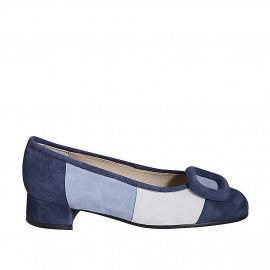 Women's pump shoe with accessory in blue, light blue and grey suede heel 3 - Available sizes:  32, 33, 35, 42, 43, 44, 45