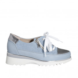 Chaussure pour femmes à lacets avec fermeture éclair en cuir et daim bleu clair y cuir lamé argent talon compensé 4 - Pointures disponibles:  32, 34, 35, 42, 43, 44, 45, 46