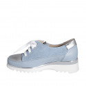 Woman's laced shoe with zipper in light blue suede and leather and silver laminated leather wedge heel 4 - Available sizes:  32, 33, 34, 35, 42, 43, 44, 45, 46