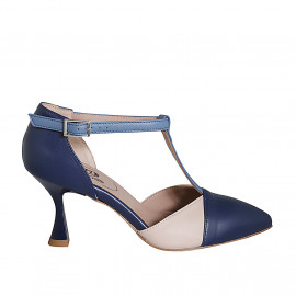 Woman's pointy open T-strap shoe in blue, light blue and pink leather heel 7 - Available sizes:  32, 33, 34, 35, 42, 43, 44, 45, 46