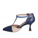 Woman's pointy open T-strap shoe in blue, light blue and pink leather heel 7 - Available sizes:  33, 35, 42, 44, 45, 46