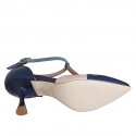 Woman's pointy open T-strap shoe in blue, light blue and pink leather heel 7 - Available sizes:  33, 35, 42, 44, 45, 46