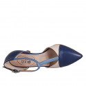 Woman's pointy open T-strap shoe in blue, light blue and pink leather heel 7 - Available sizes:  33, 35, 42, 44, 45, 46