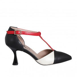 Woman's pointy open T-strap shoe in black, red and cream-colored leather heel 7 - Available sizes:  32, 35, 42, 43