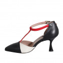 Woman's pointy open T-strap shoe in black, red and cream-colored leather heel 7 - Available sizes:  32, 33, 34, 35, 42, 43, 44, 46