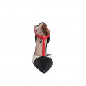 Woman's pointy open T-strap shoe in black, red and cream-colored leather heel 7 - Available sizes:  32, 33, 34, 35, 42, 43, 44, 46