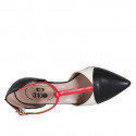 Woman's pointy open T-strap shoe in black, red and cream-colored leather heel 7 - Available sizes:  32, 33, 34, 35, 42, 43, 44, 46