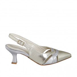 Woman's pointy slingback pump in platinum and silver laminated leather heel 5 - Available sizes:  32, 33, 34, 35, 42, 44, 46