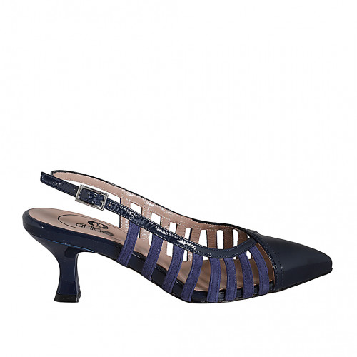 Decolté a punta aperta sul tallone da donna in vernice e camoscio blu tacco 5 - Misure disponibili: 32, 33, 34, 35, 42, 43, 45, 46