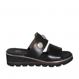 Woman's mule with elastic band and buttons in black leather wedge heel 4 - Available sizes:  32, 33, 34, 35, 42, 43, 44, 45, 46