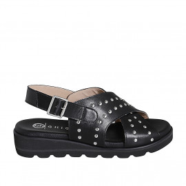 Sandale pour femmes en cuir noir avec goujons talon compensé 3 - Pointures disponibles:  32, 33, 34, 35, 42, 43, 44, 45, 46