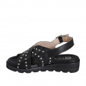 Sandale pour femmes en cuir noir avec goujons talon compensé 3 - Pointures disponibles:  32, 33, 34, 35, 42, 43, 44, 45, 46