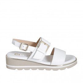 Woman's sandal in white leather with elastic band and buckle wedge heel 4 - Available sizes:  32, 33, 34, 35, 42, 43, 44, 45, 46