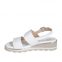 Woman's sandal in white leather with elastic band and buckle wedge heel 4 - Available sizes:  32, 33, 34, 35, 42, 43, 44, 45, 46