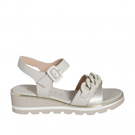 Woman's sandal with strap and chain in beige and platinum leather wedge heel 4 - Available sizes:  32, 33, 34, 35, 42, 43, 44