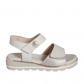 Woman's sandal with velcro strap and button in beige leather and platinum printed leather wedge heel 3 - Available sizes:  33, 34, 35, 42, 43, 45, 46