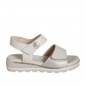 Woman's sandal with velcro strap and button in beige leather and platinum printed leather wedge heel 3 - Available sizes:  32, 33, 34, 35, 42, 43, 44, 45, 46