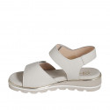 Woman's sandal with velcro strap and button in beige leather and platinum printed leather wedge heel 3 - Available sizes:  32, 33, 34, 35, 42, 43, 44, 45, 46