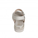 Woman's sandal with velcro strap and button in beige leather and platinum printed leather wedge heel 3 - Available sizes:  33, 34, 35, 42, 43, 45, 46