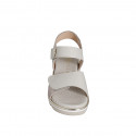 Woman's sandal with velcro strap and button in beige leather and platinum printed leather wedge heel 3 - Available sizes:  32, 33, 34, 35, 42, 43, 44, 45, 46