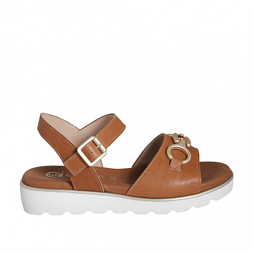 Woman's strap sandal with accessory in cognac brown leather wedge heel 3 - Available sizes:  32, 33, 34, 35, 42, 43, 44, 45, 46