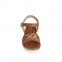 Woman's strap sandal with accessory in cognac brown leather wedge heel 3 - Available sizes:  32, 33, 34, 35, 42, 43, 44, 45, 46