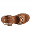 Woman's strap sandal with accessory in cognac brown leather wedge heel 3 - Available sizes:  32, 33, 34, 35, 42, 43, 44, 45, 46