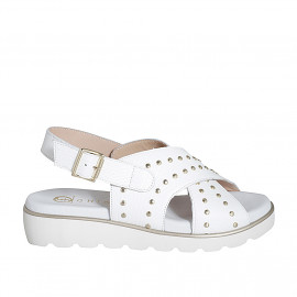 Woman's sandal in white leather with studs wedge heel 3 - Available sizes:  32, 33, 34, 35, 42, 43, 44, 45