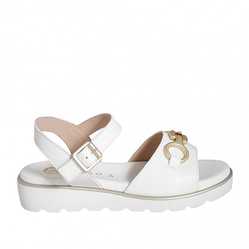 Woman's strap sandal with accessory in white leather wedge heel 3 - Available sizes:  32, 33, 34, 35, 42, 43, 44, 45, 46