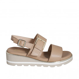 Woman's sandal in hazelnut brown leather with elastic band and buckle wedge heel 4 - Available sizes:  32, 33, 34, 42, 43, 45, 46