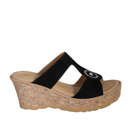 Woman's mules in black suede with rhinestones, platform and wedge heel 7 - Available sizes:  31, 32, 33, 34, 35