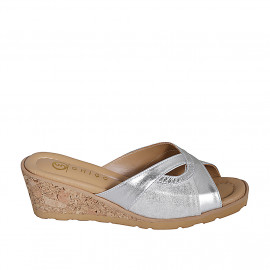 Woman's mules in silver laminated leather and suede wedge heel 5 - Available sizes:  34, 35