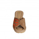 Woman's mule in cognac brown and orange suede wedge heel 5 - Available sizes:  32, 33, 34, 35