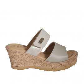 Woman's mules in grey leather and beige laminated suede with velcro strap, platform and wedge heel 7 - Available sizes:  31, 32, 33, 34, 35