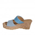 Woman's mules in blue and light blue suede with velcro strap, platform and wedge heel 7 - Available sizes:  31, 32, 33, 34, 35