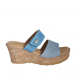 Mule para mujer en gamuza azul y azul claro con cierre en velcro, plataforma y cuña 7 - Tallas disponibles:  31, 32, 33, 34, 35