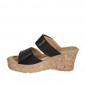 Woman's mules in black leather and laminated suede with velcro strap, platform and wedge heel 7 - Available sizes:  31, 32, 33, 34, 35