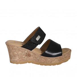 Woman's mules in black leather and laminated suede with velcro strap, platform and wedge heel 7 - Available sizes:  31, 32, 33, 34, 35