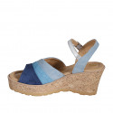 Sandalia para mujer en gamuza azul, azul aciano y azul grisaceo y piel laminada plateada con cinturon, plataforma y cuña 7 - Tallas disponibles:  31, 32, 33, 34, 35, 42, 43, 44, 45