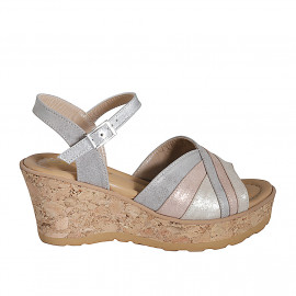 Woman's sandal in grey, rose, beige laminated suede and laminated silver leather with strap, platform and wedge heel 7 - Available sizes:  31, 32, 33, 34, 35, 42, 43, 44, 45