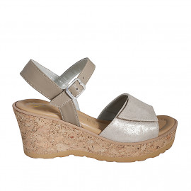 Woman's strap sandal in beige leather and laminated suede with velcro and platform wedge heel 7 - Available sizes:  31, 32, 33, 34, 35, 42, 43, 45