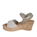 Woman's strap sandal in beige leather and laminated suede with velcro and platform wedge heel 7 - Available sizes:  31, 32, 34, 35, 42, 43, 45