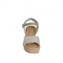 Woman's strap sandal in beige leather and laminated suede with velcro and platform wedge heel 7 - Available sizes:  31, 32, 33, 34, 35, 42, 43, 44, 45