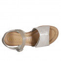 Woman's strap sandal in beige leather and laminated suede with velcro and platform wedge heel 7 - Available sizes:  31, 32, 33, 34, 35, 42, 43, 44, 45