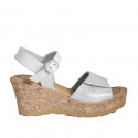 Woman's strap sandal in white leather and silver laminated suede with velcro and platform wedge heel 7 - Available sizes:  31, 32, 33, 34, 35, 42, 43, 44, 45