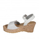 Woman's strap sandal in white leather and silver laminated suede with velcro and platform wedge heel 7 - Available sizes:  31, 32, 33, 34, 35, 42, 43, 44, 45